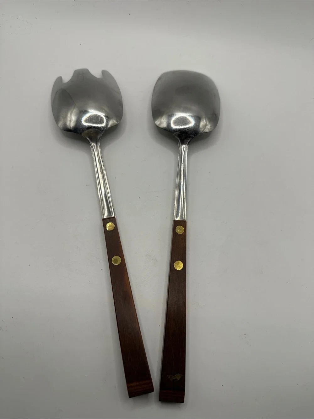 Wood-Handled Stainless Steel Salad Serving Set - Brown